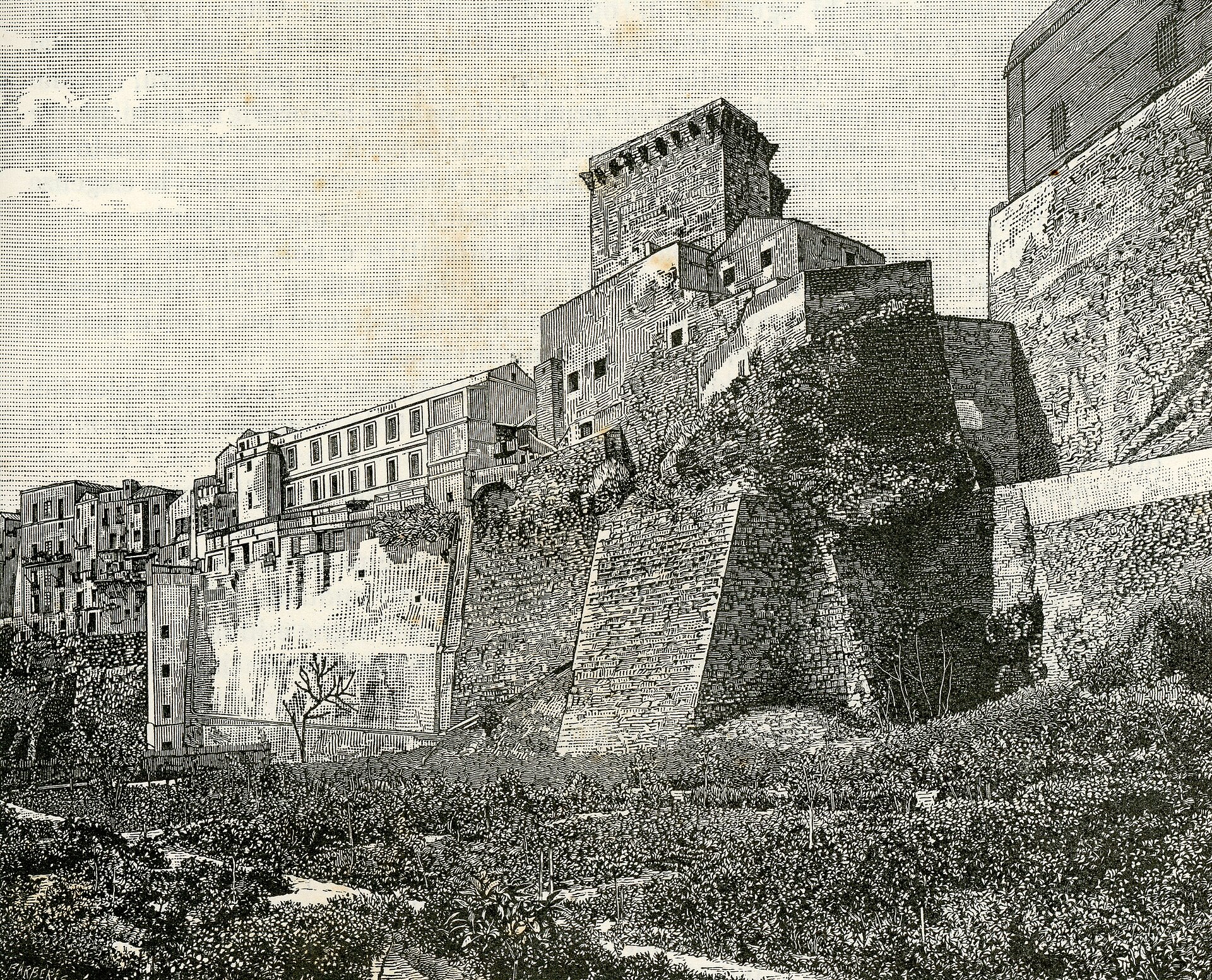 Cagliari skyline, Bastione di Saint Remy and Gulf of Angels coastline above the cruise port